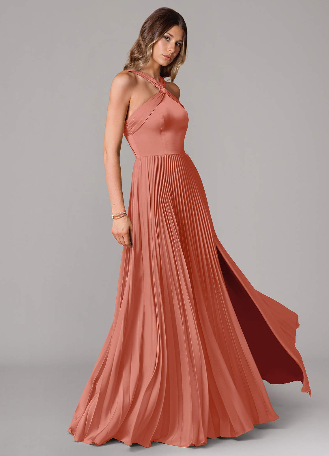 Afra A-Line Halter-Neck Stretch Satin Bridesmaid Dress in Salmon Pink