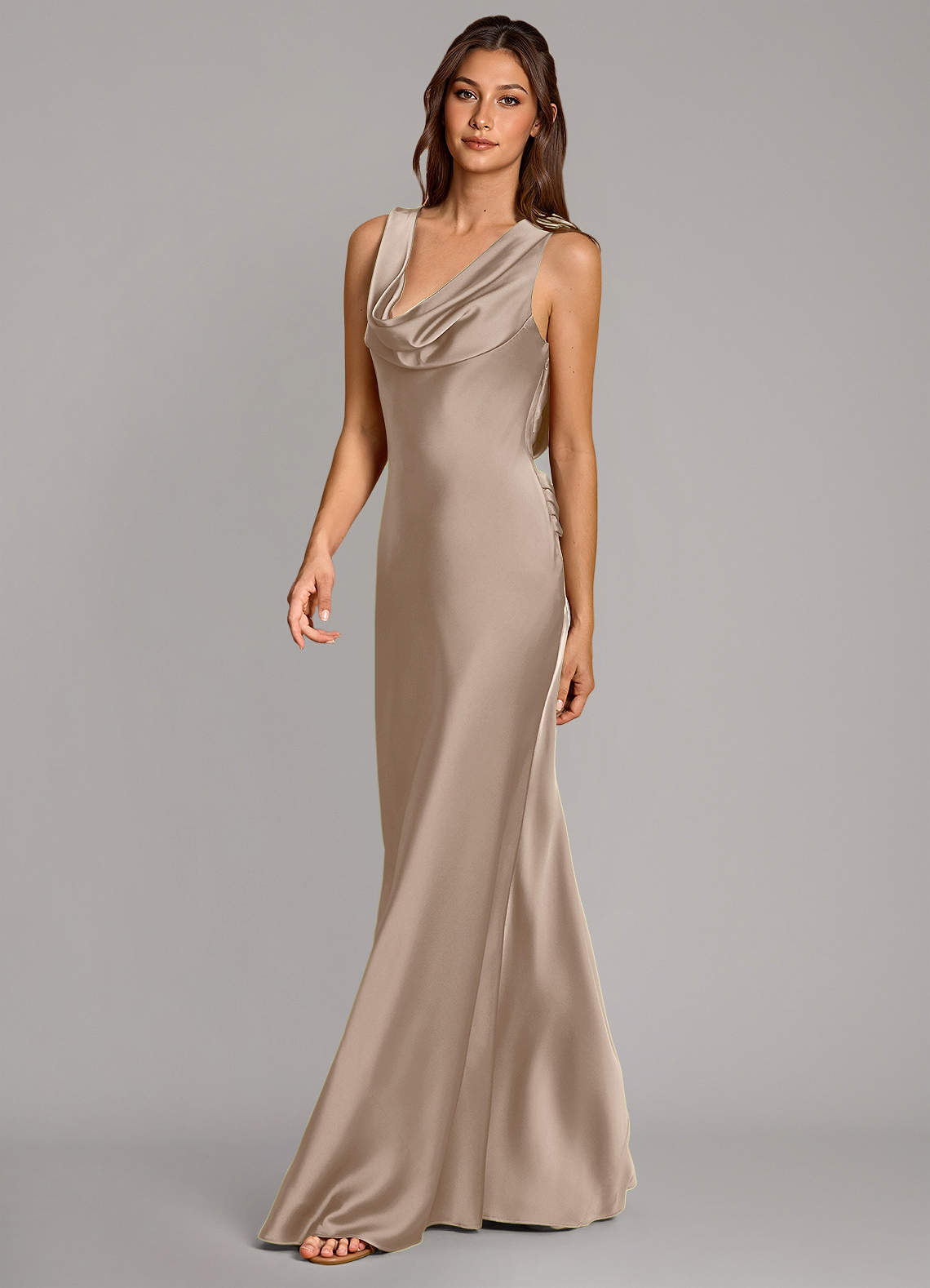 Cheryl Mermaid Cowl-Neck Stretch Satin Bridesmaid Dress in Taupe
