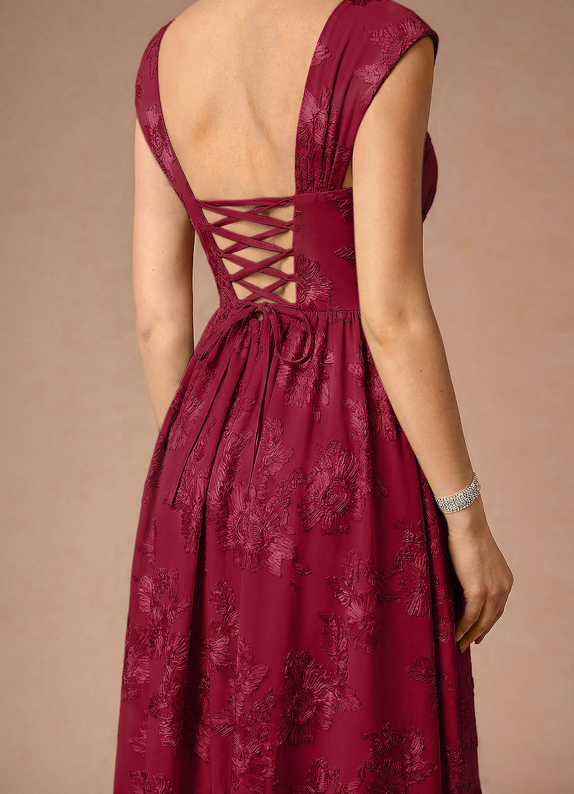 Hazel A-Line Cowl-Neck Floral Mesh Wedding Guest Dress in Burgundy
