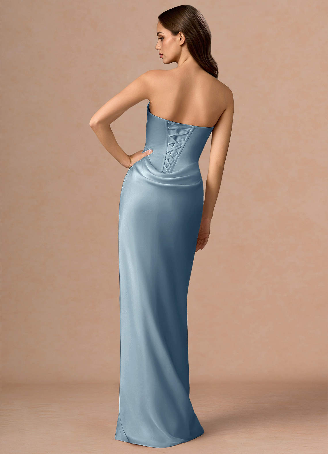 Valencia Scarf Lace-Up Stretch Satin Evening Dress in Dusty Blue