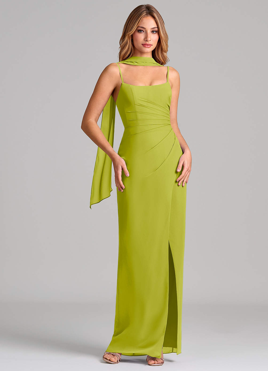 Calandra Sheath Scoop-Neck Chiffon Bridesmaid Dress in Lemongrass