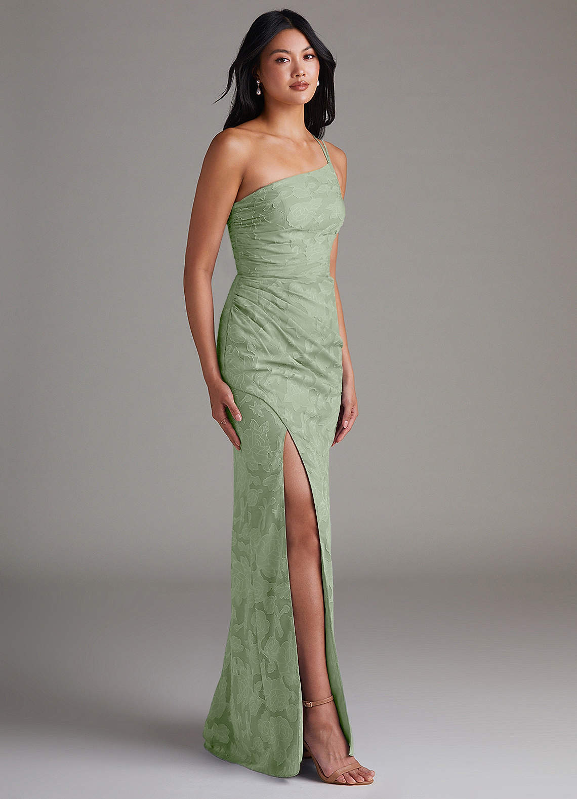 Eren Sheath One-Shoulder Floral Burnout Bridesmaid Dress in Dusty Sage