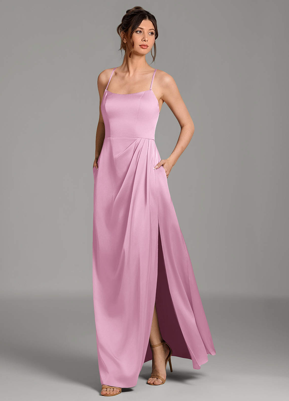 Frankie A-Line Scoop-Neck Stretch Satin Bridesmaid Dress in candy pink