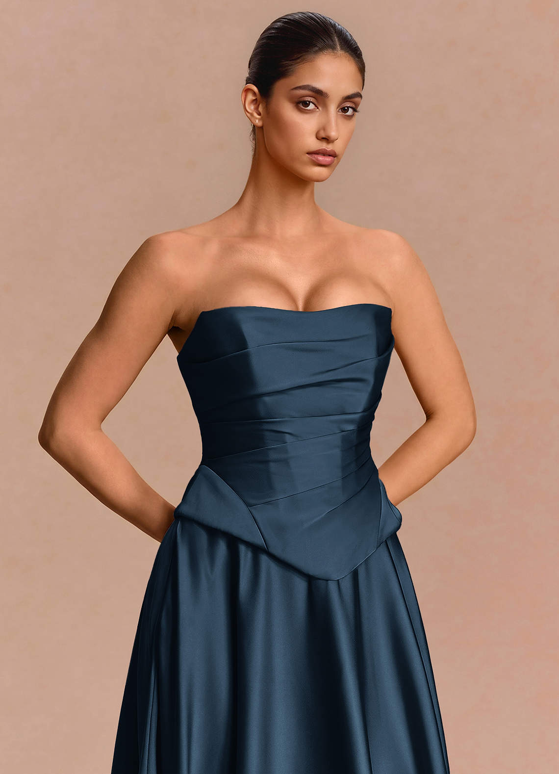 Eponine A-Line Pleated Stretch Satin Evening Dress in Navy