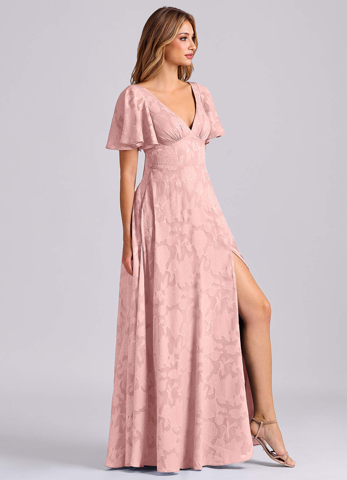 Kimber A-Line V-Neck Floral Burnout Bridesmaid Dress in Powder Pink