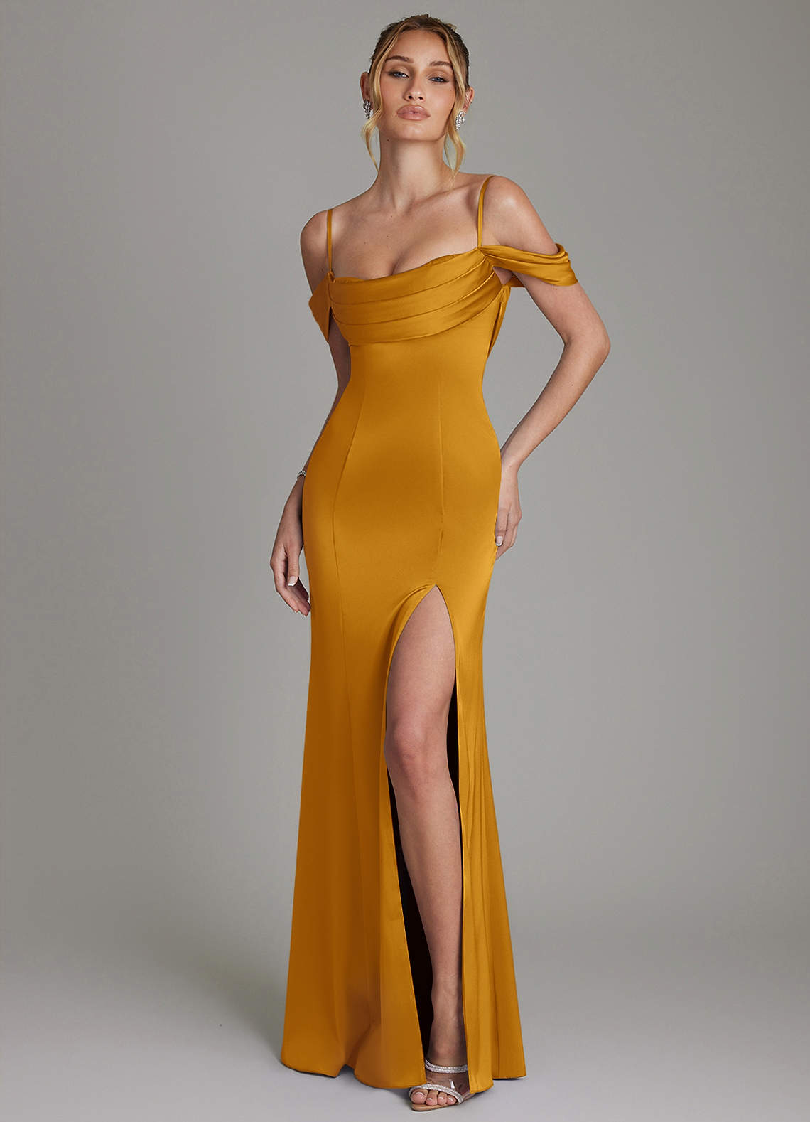 Nira Mermaid Sweetheart Stretch Satin Bridesmaid Dress in butterscotch