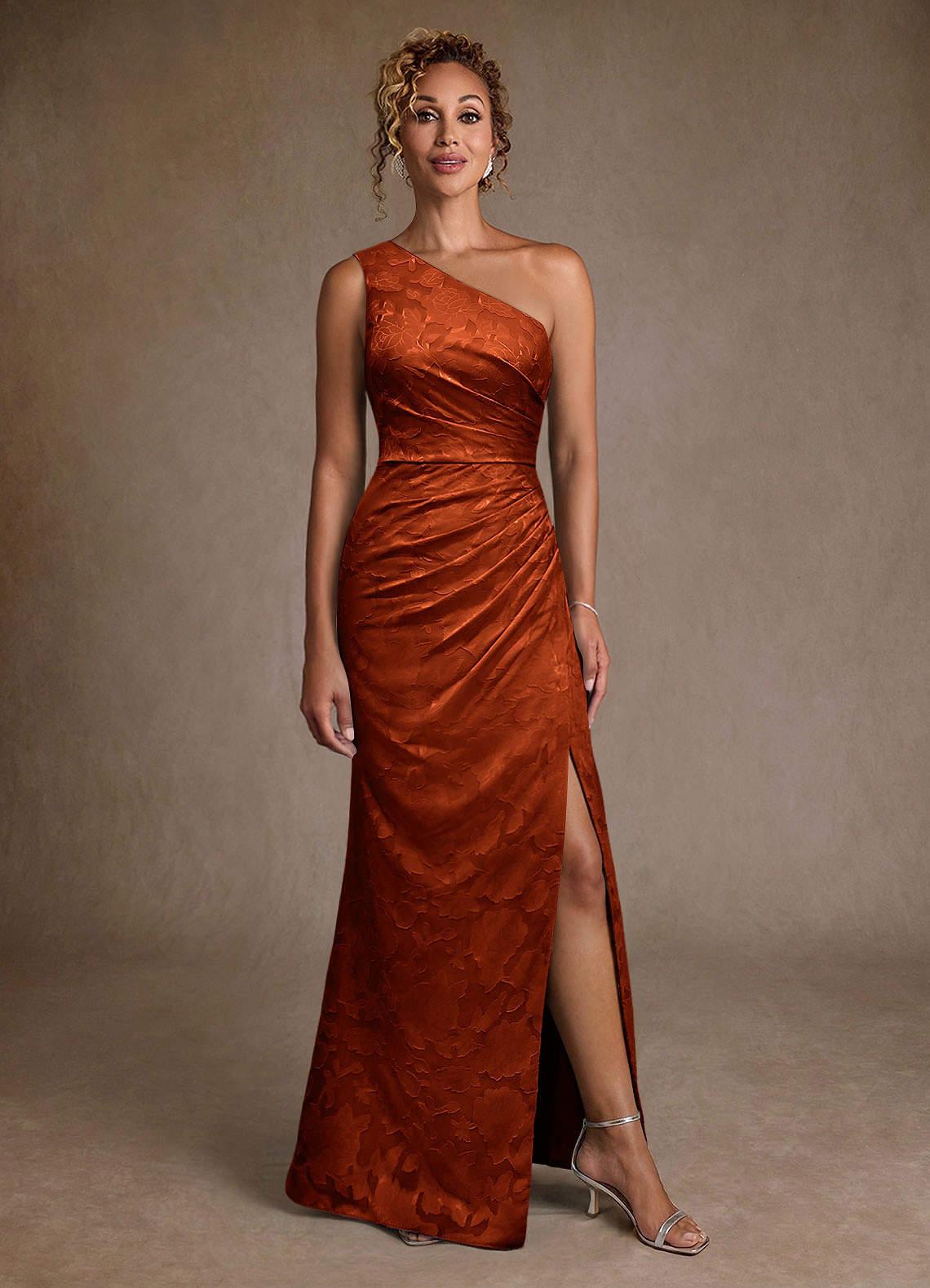 Joylin Trumpet One-Shoulder Floral Burnout Mother of the Bride Dress in Paprika