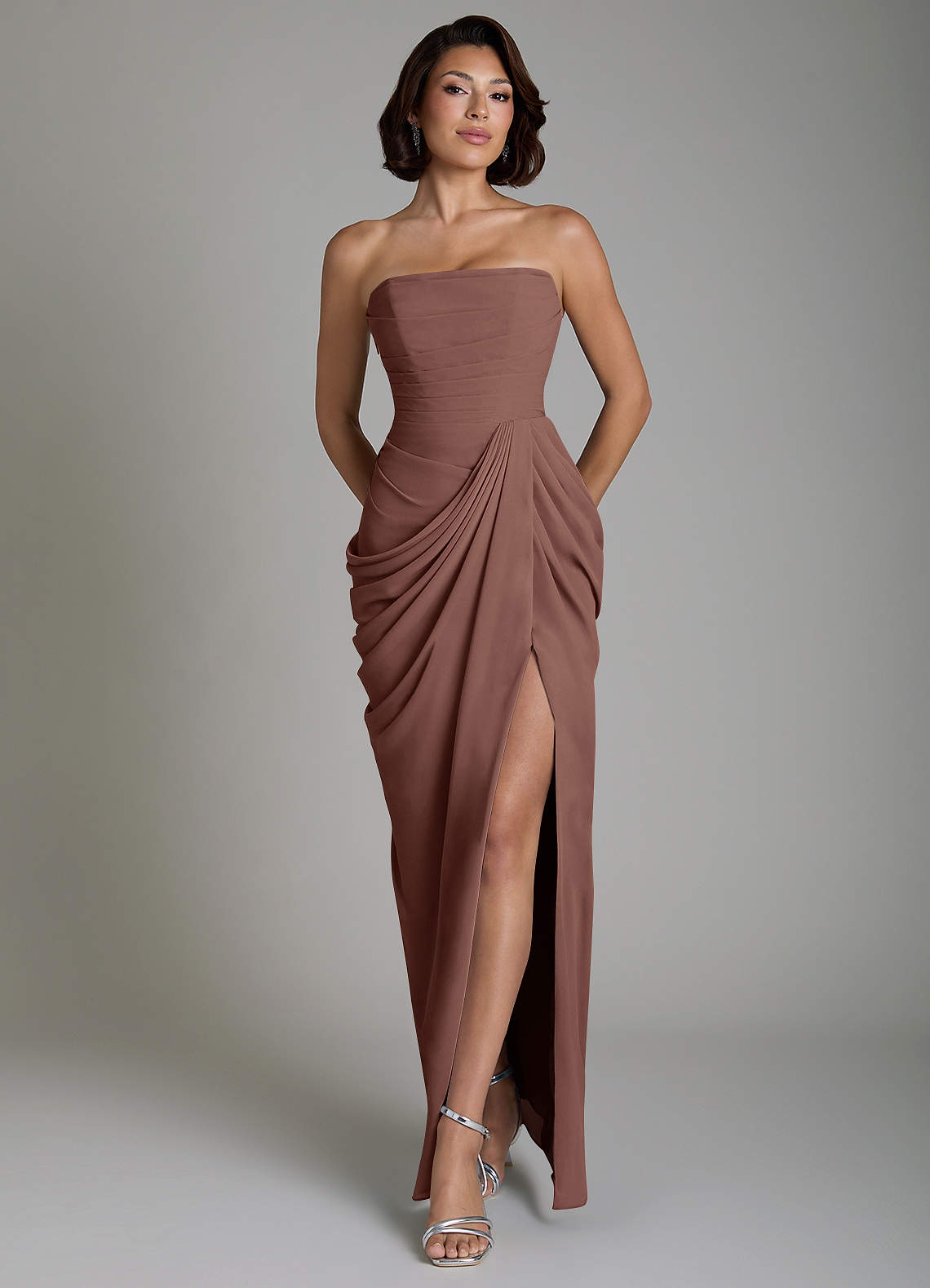 Nyra Sheath Strapless Chiffon Bridesmaid Dress in Espresso