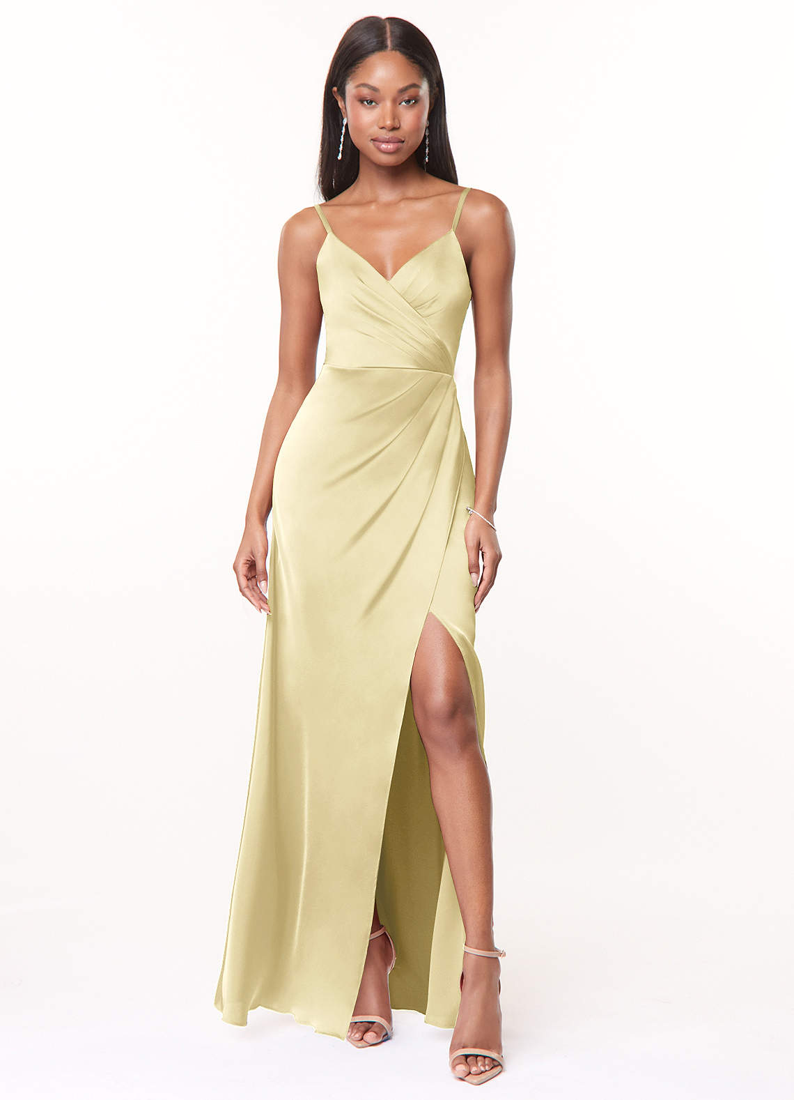 Maci A-Line V-Neck Stretch Satin Bridesmaid Dress in Lemon Sorbet