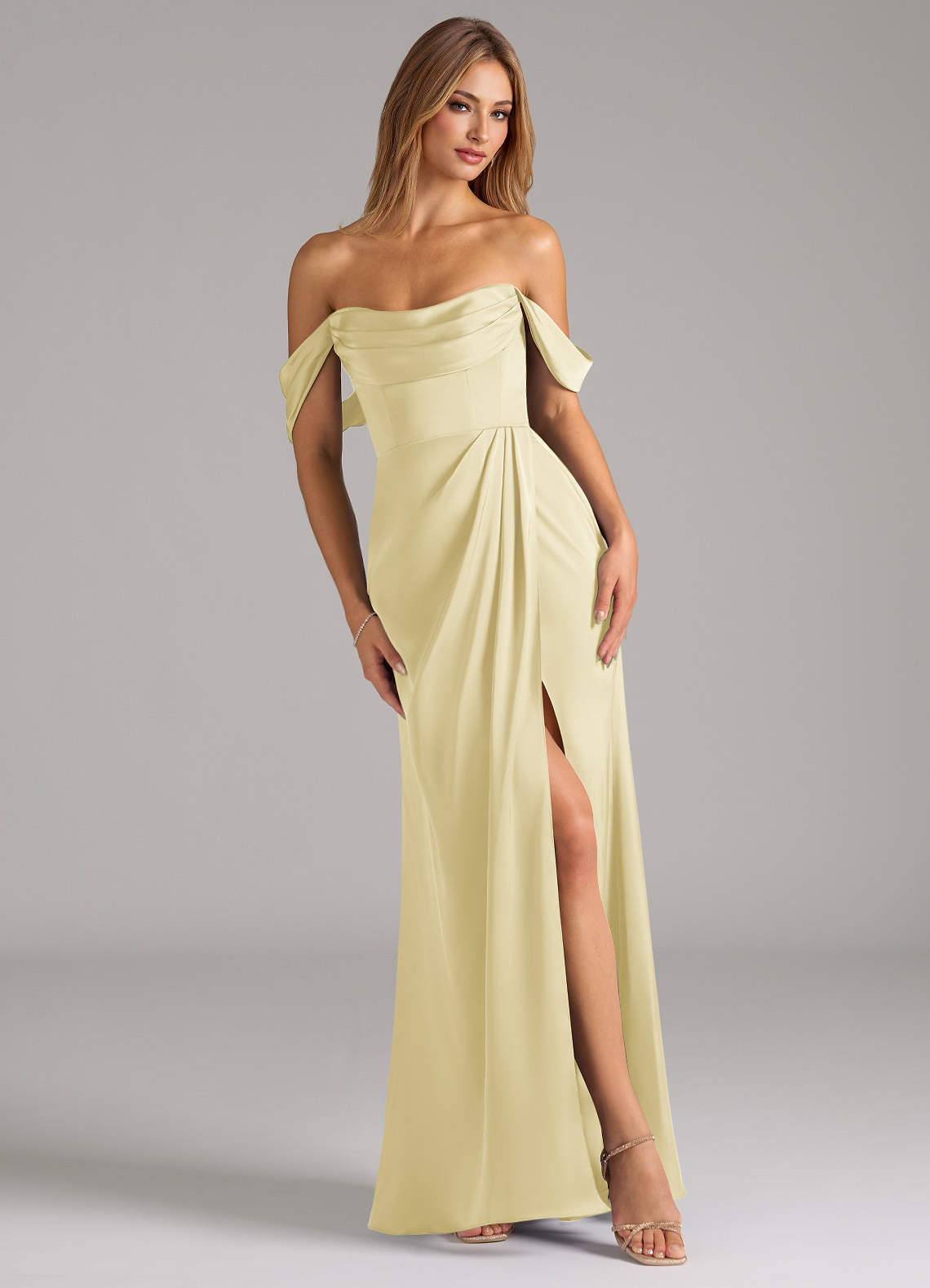 Johana Mermaid Off-the-Shoulder Stretch Satin Bridesmaid Dress in Lemon Sorbet
