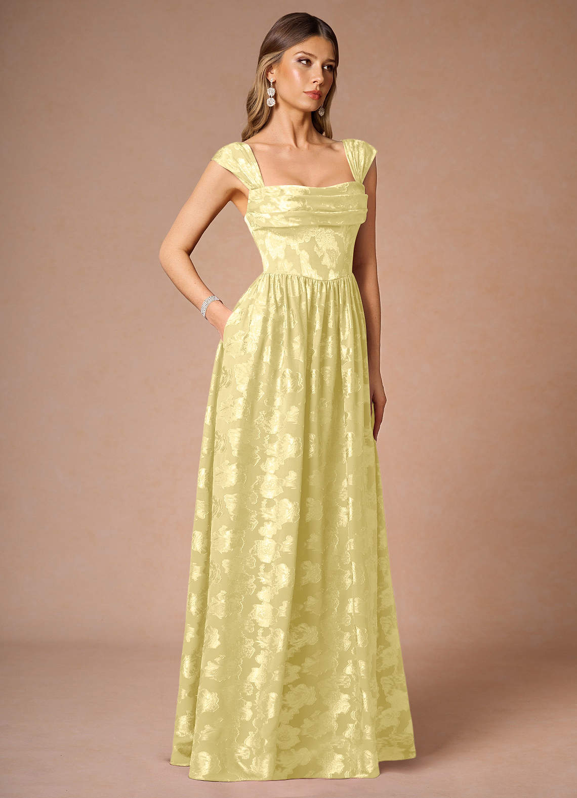 Hazel A-Line Cowl-Neck Fil Coupé Wedding Guest Dress in Lemon Sorbet