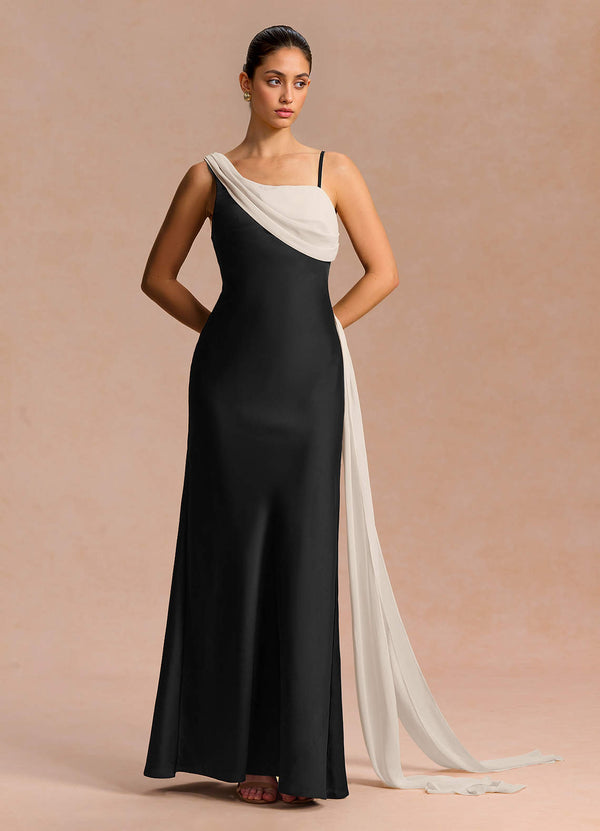 Ixchel A-Line Corset Crepe Chiffon Evening Dress in Black