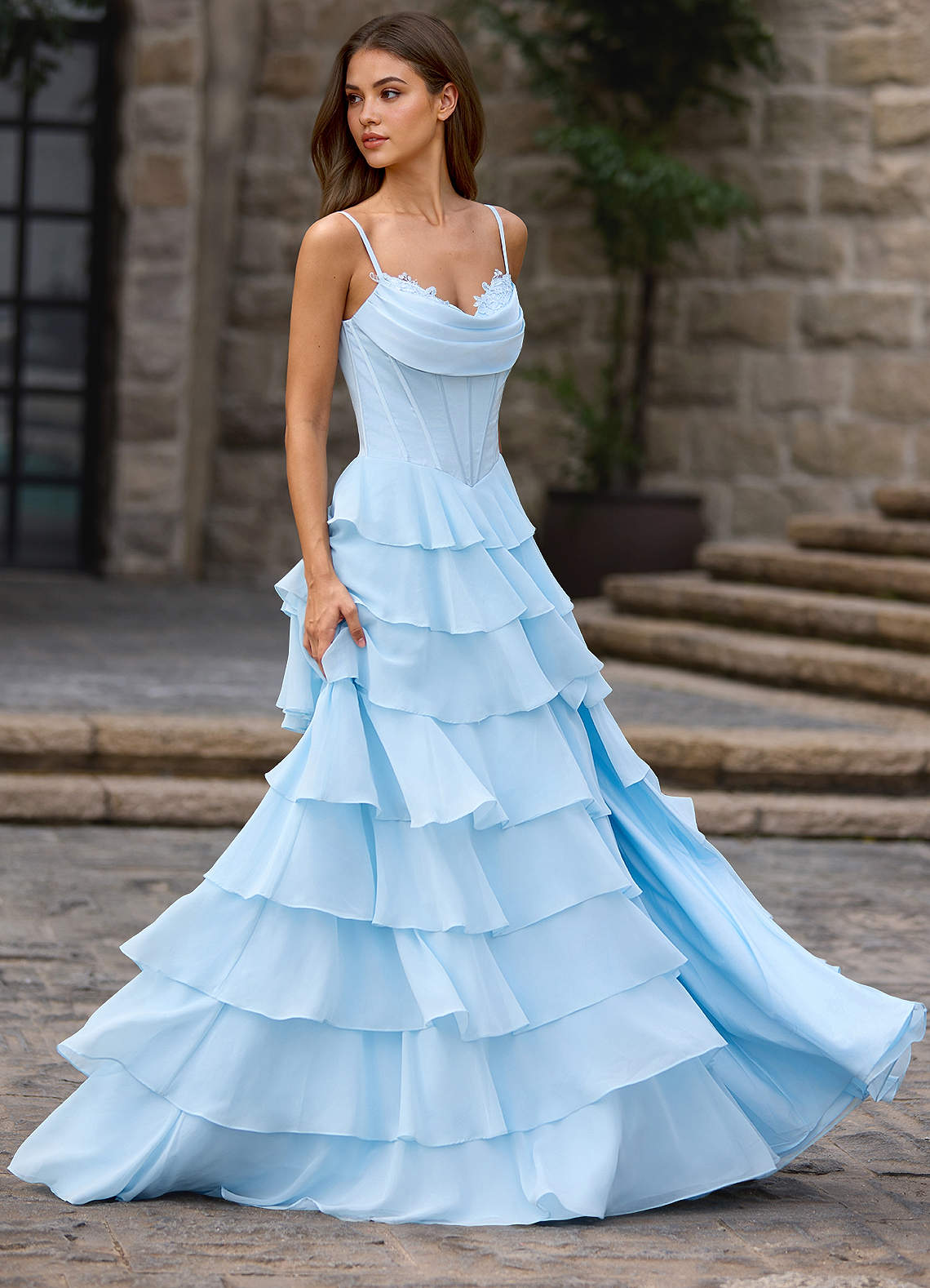 Floralace A-Line Ruffle Chiffon Evening Dress in Vanilla