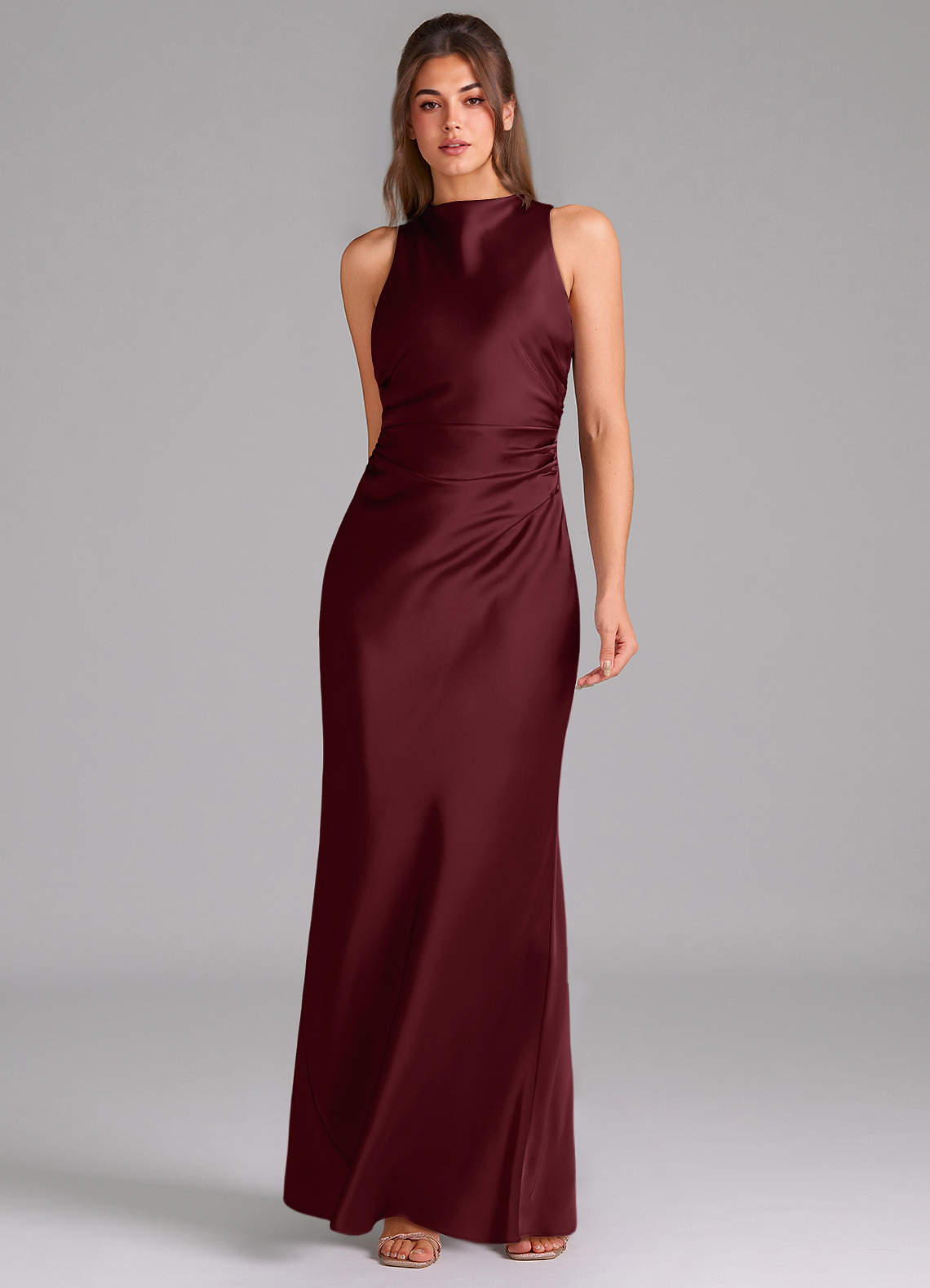 Evadne Sheath Scoop-Neck Stretch Satin Bridesmaid Dress in Cabernet
