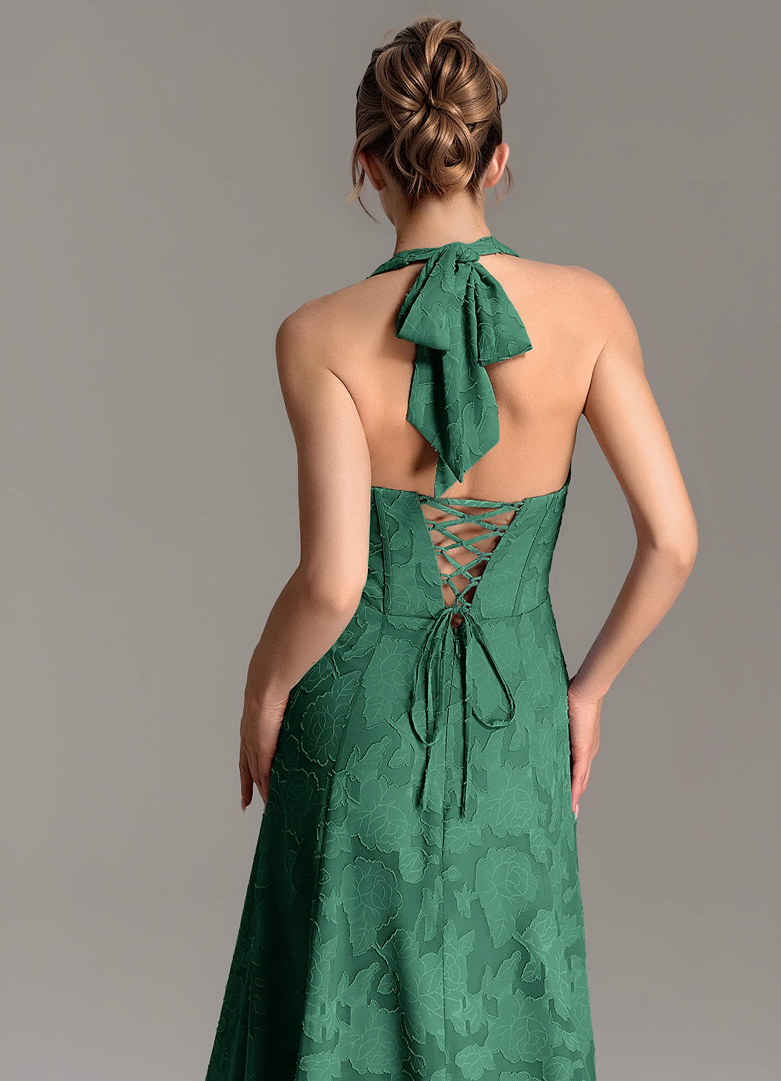 Nia A-Line V-Neck Floral Burnout Bridesmaid Dress in Dark Green