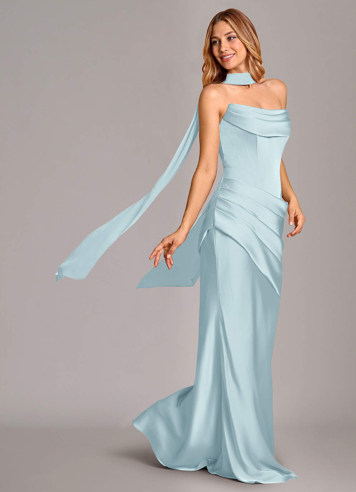 Pelagia Mermaid Cowl-Neck Stretch Satin Bridesmaid Dress in Cloud Blue