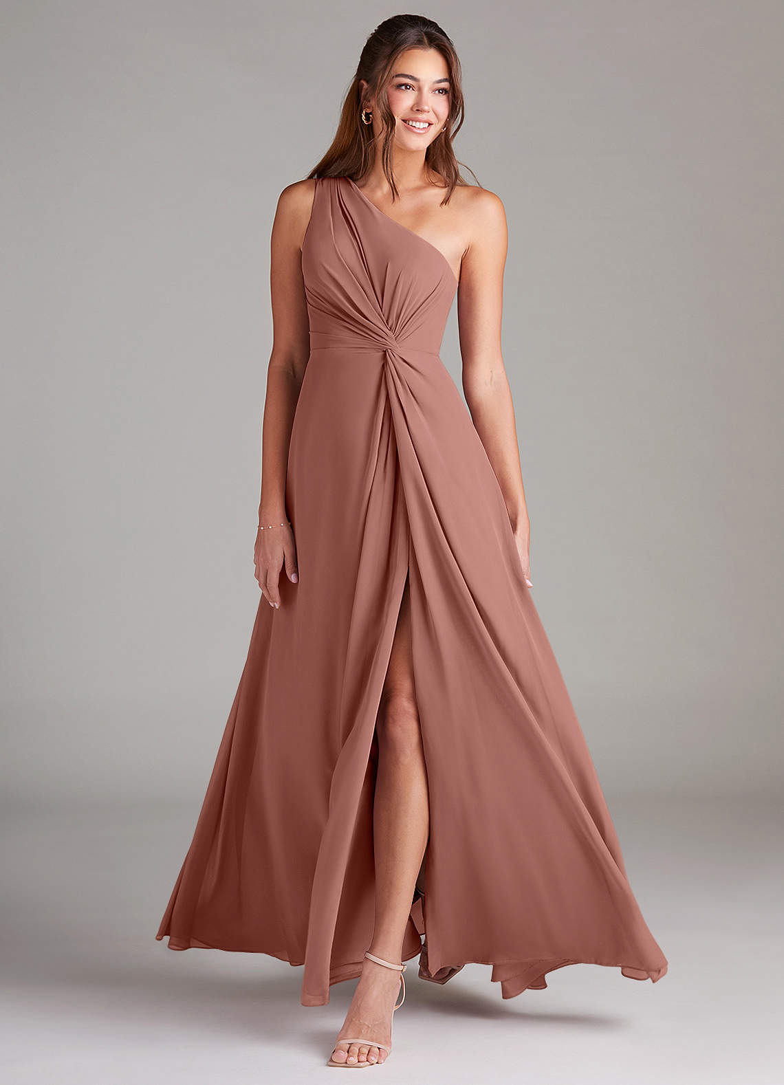 Brooke A-Line One-Shoulder Chiffon Bridesmaid Dress in Cedar Rose