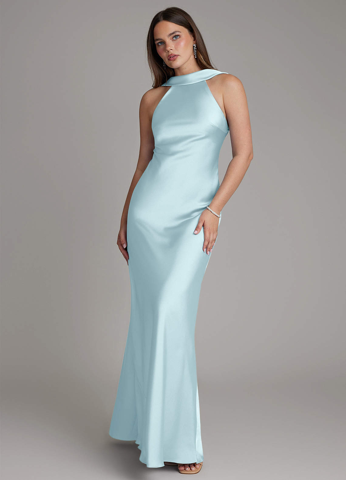 Dimitra Sheath Halter Stretch Satin Bridesmaid Dress in Cloud Blue