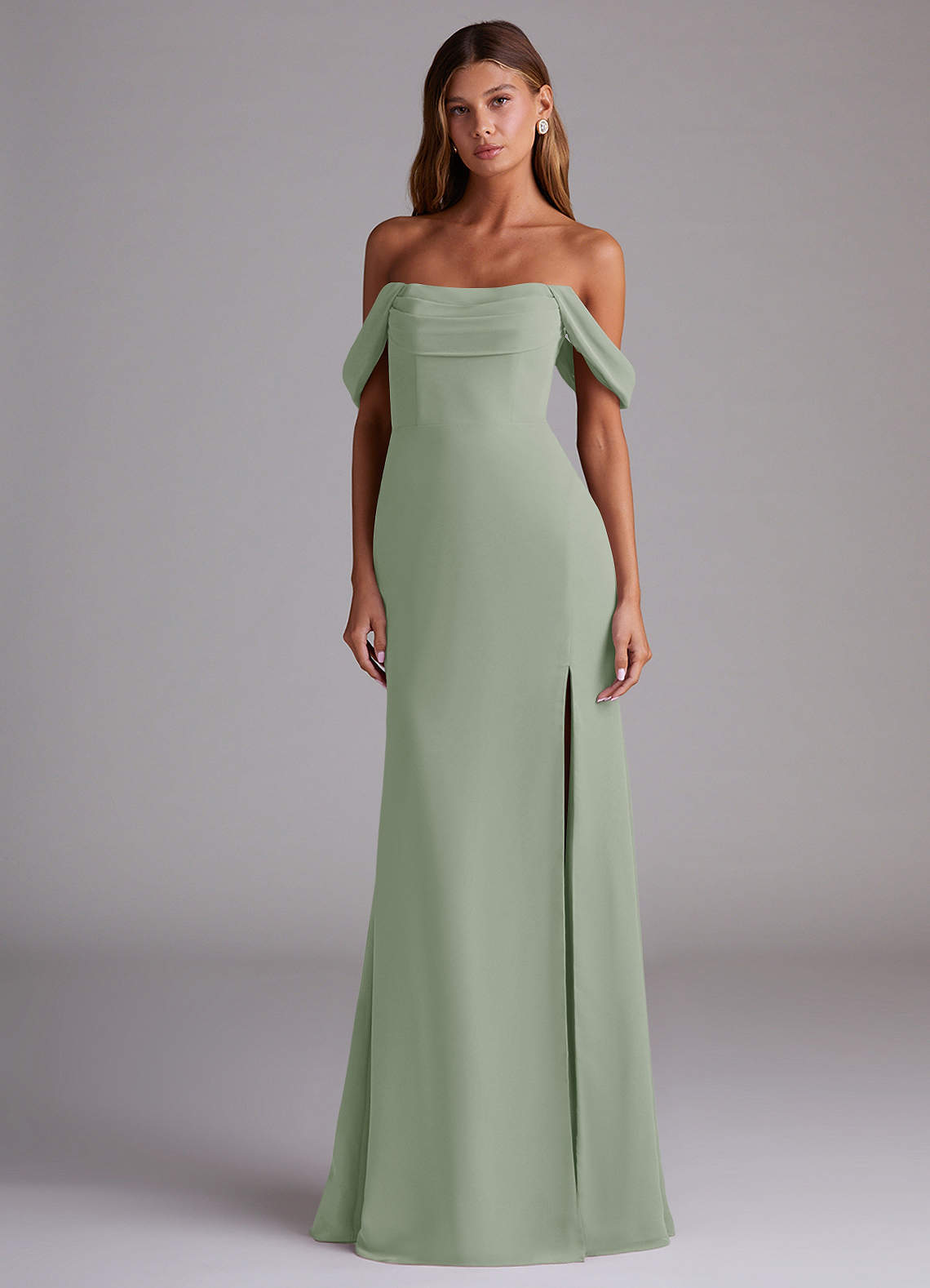 Saige A-Line Off-the-Shoulder Chiffon Bridesmaid Dress in Dusty Sage