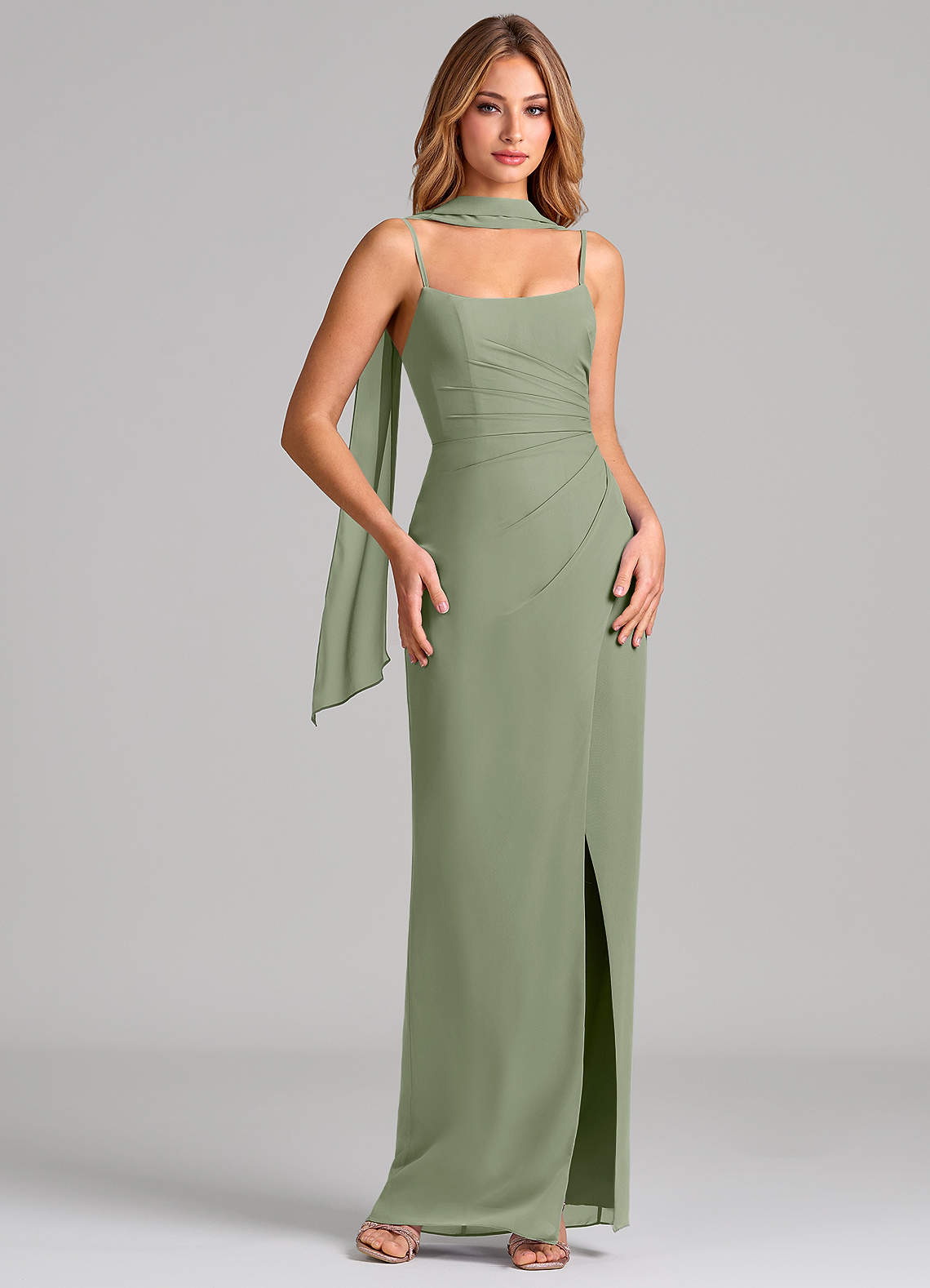 Calandra Sheath Scoop-Neck Chiffon Bridesmaid Dress in Pistachio
