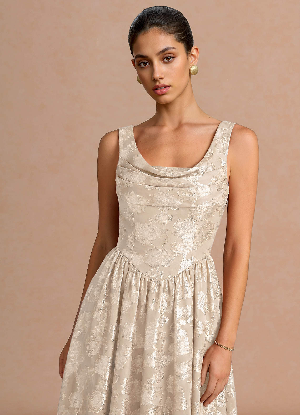 Novi A-Line Draped-Neck Floral Fil Coupé Evening Dress in Cream