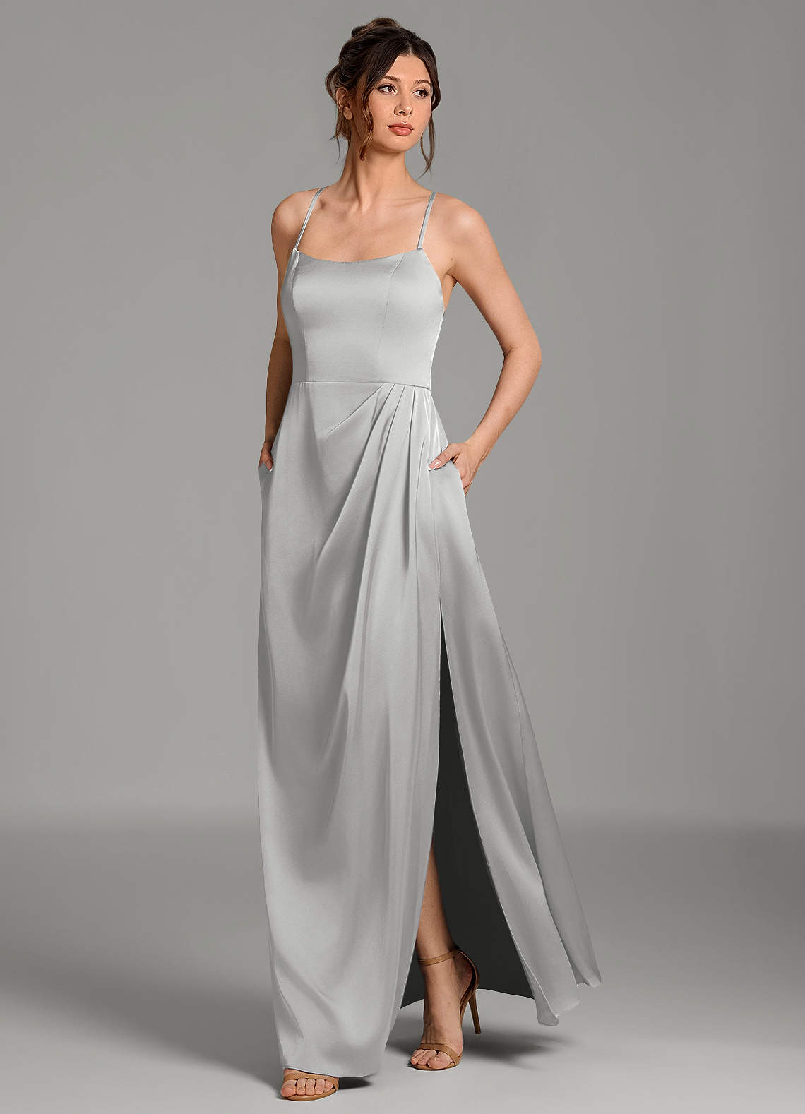 Frankie A-Line Scoop-Neck Stretch Satin Bridesmaid Dress in Silver