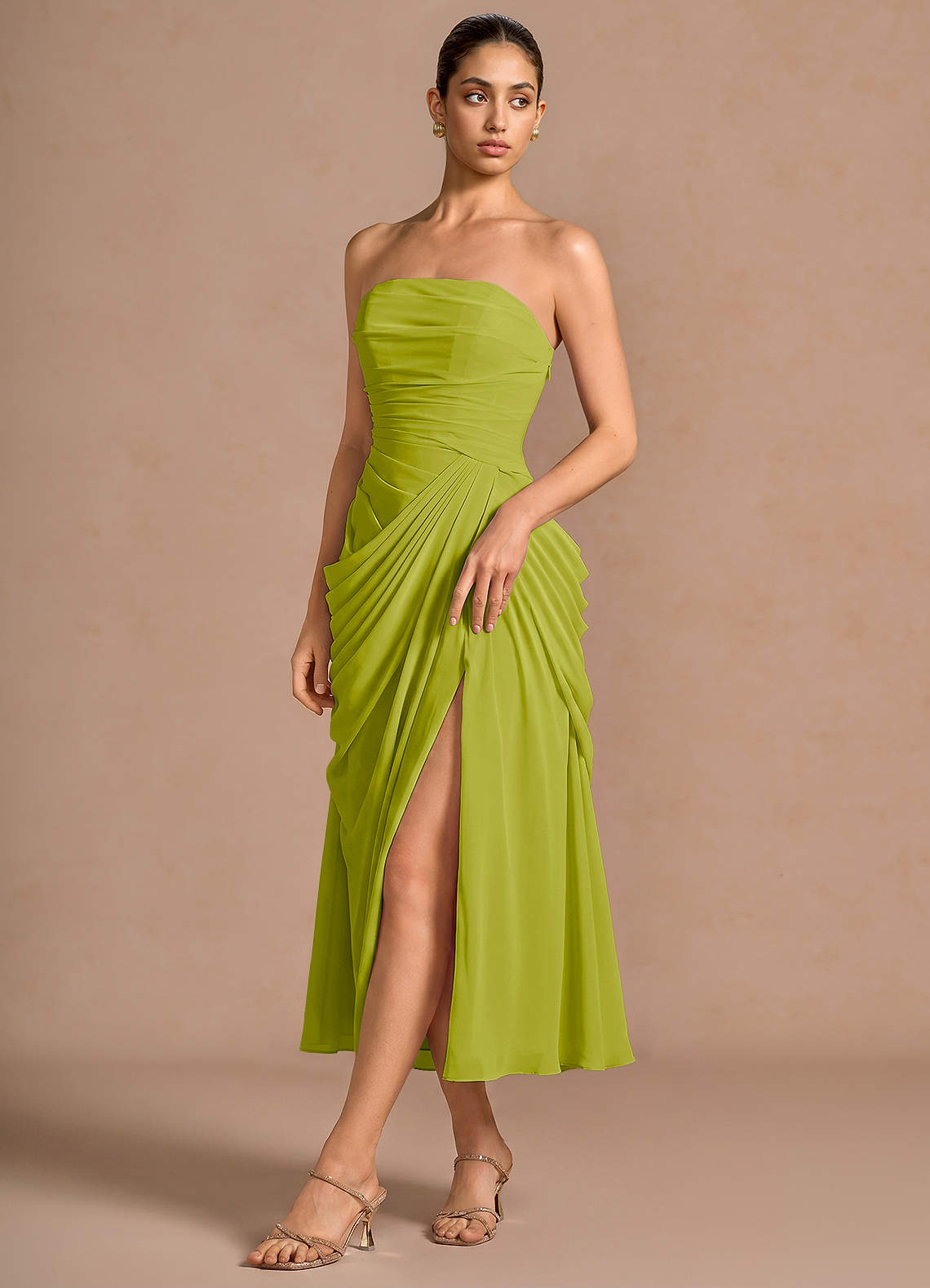 Kaavia Column Pleated Chiffon Midi Evening Dress in Lemon Green