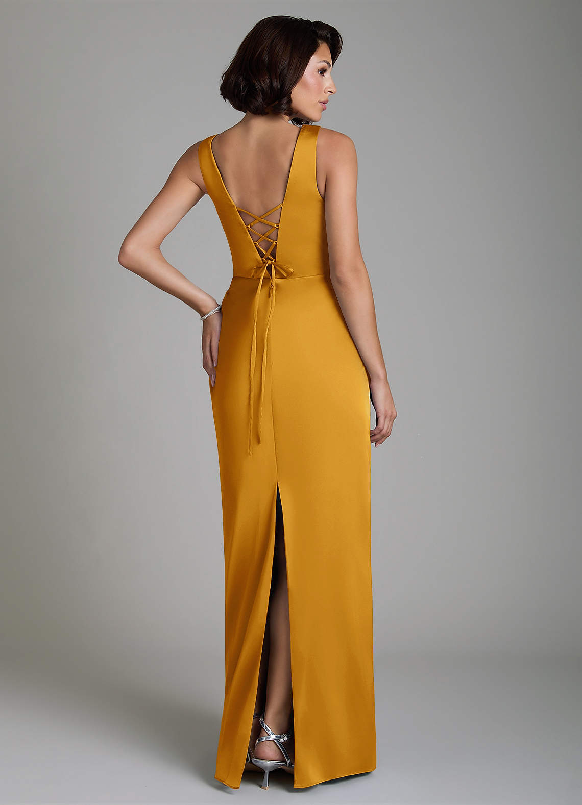 Vanya Sheath V-Neck Stretch Satin Bridesmaid Dress in butterscotch