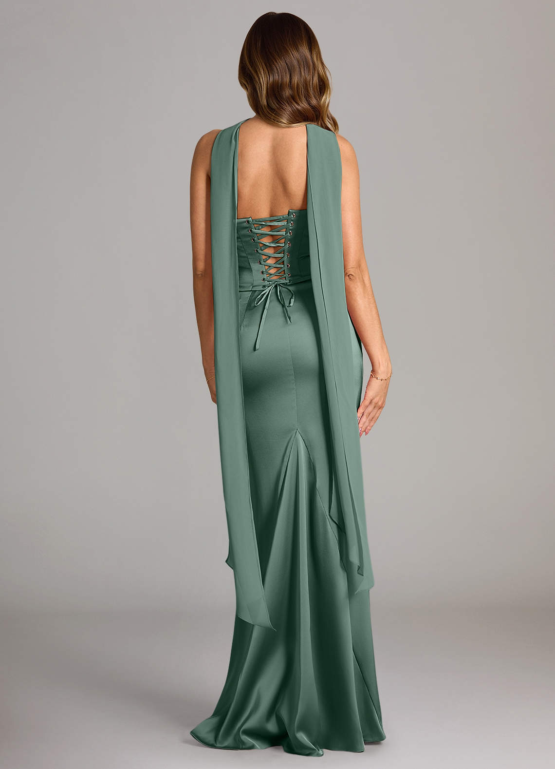 Sorrel Mermaid Cowl-Neck Stretch Satin and Chiffon Bridesmaid Dress in Eucalyptus