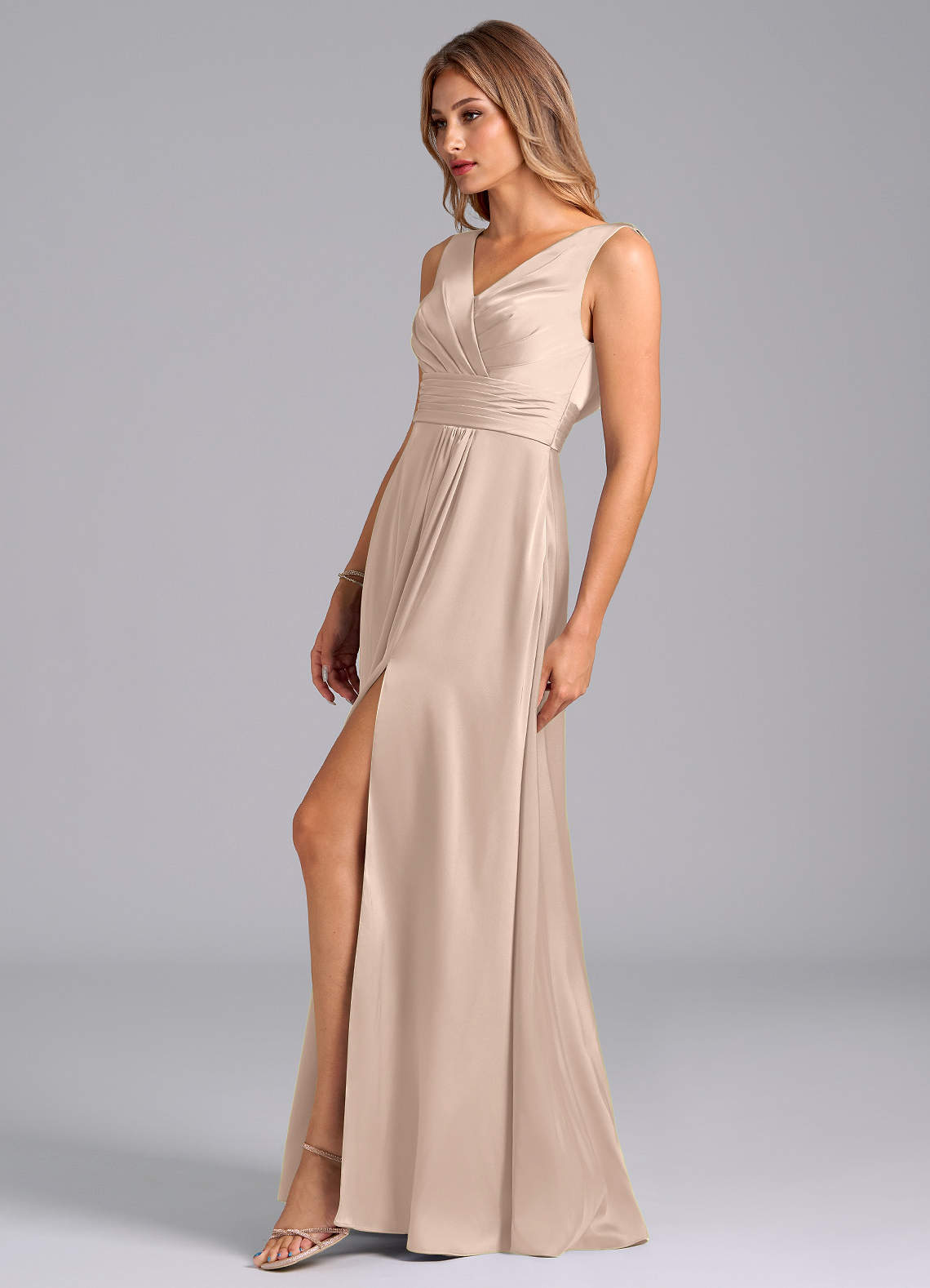 Karina A-Line V-Neck Stretch Satin Bridesmaid Dress in English Rose