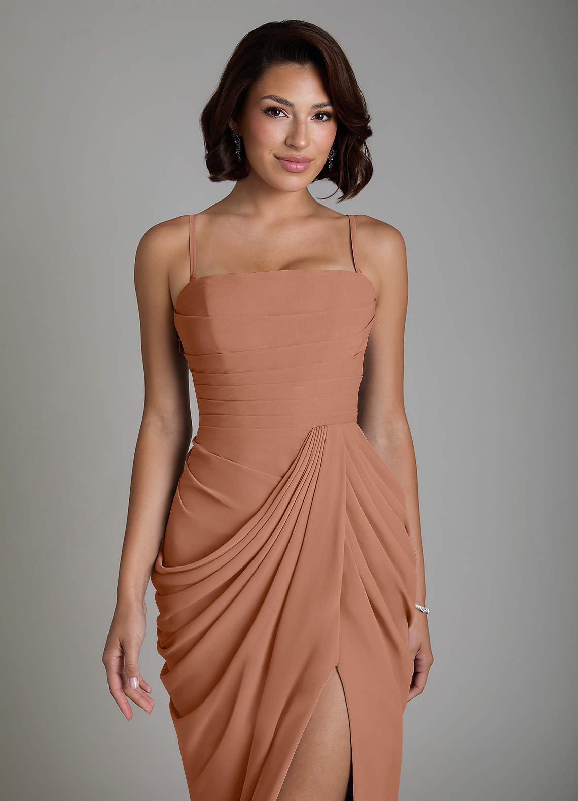 Nyra Sheath Strapless Chiffon Bridesmaid Dress in Bronzer