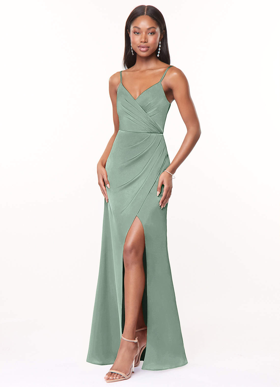 Maci A-Line V-Neck Stretch Satin Bridesmaid Dress in Agave