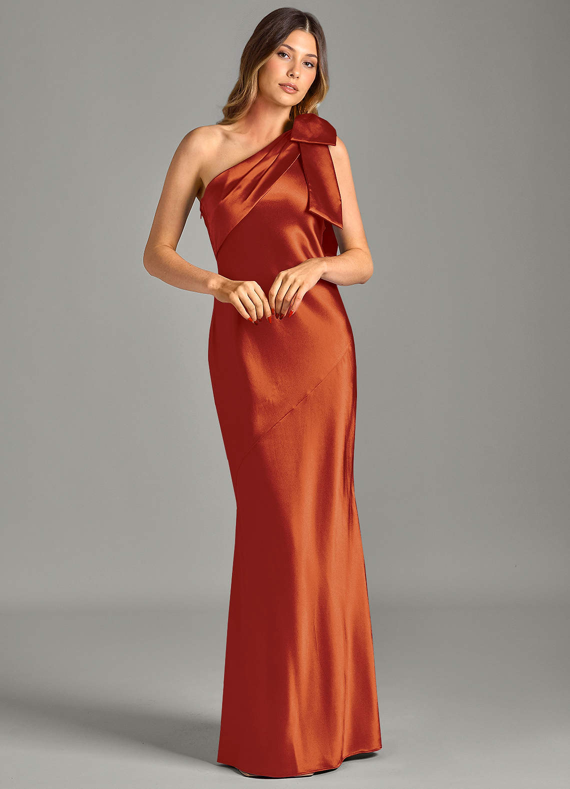 Yuanna Mermaid One-Shoulder Metallic Satin Bridesmaid Dress in Paprika