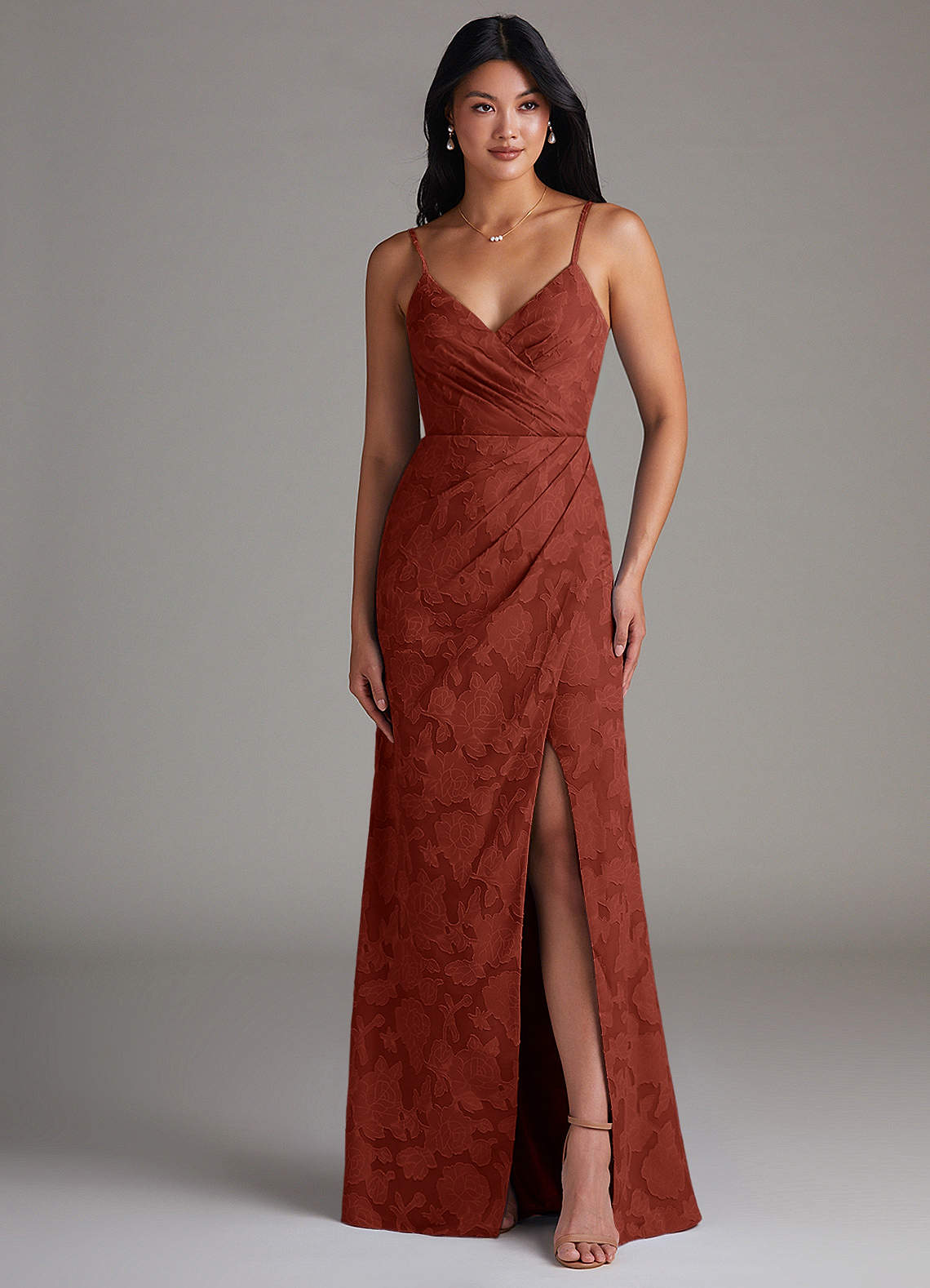 Maci Sheath V-Neck Floral Burnout Bridesmaid Dress in Terracotta