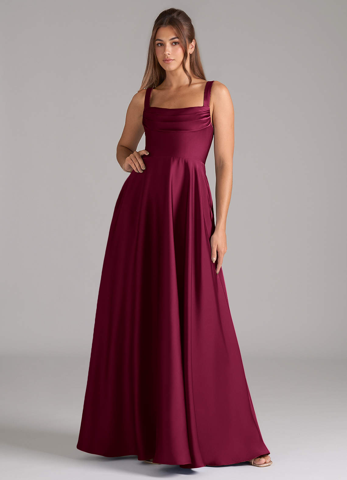 Shaude A-Line Square-Neck Stretch Satin Bridesmaid Dress in Burgundy