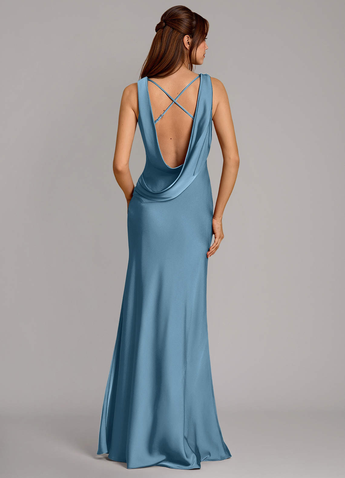 Cheryl Mermaid Cowl-Neck Stretch Satin Bridesmaid Dress in Steel Blue