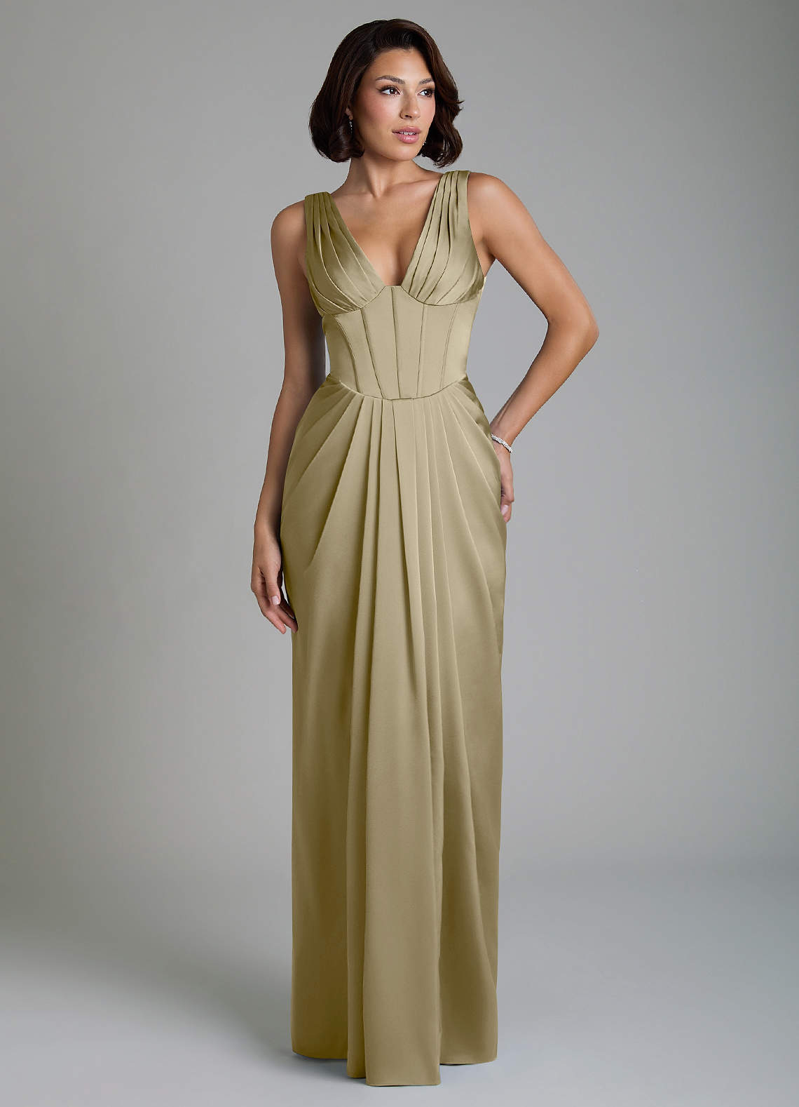 Vanya Sheath V-Neck Stretch Satin Bridesmaid Dress in Moss Green