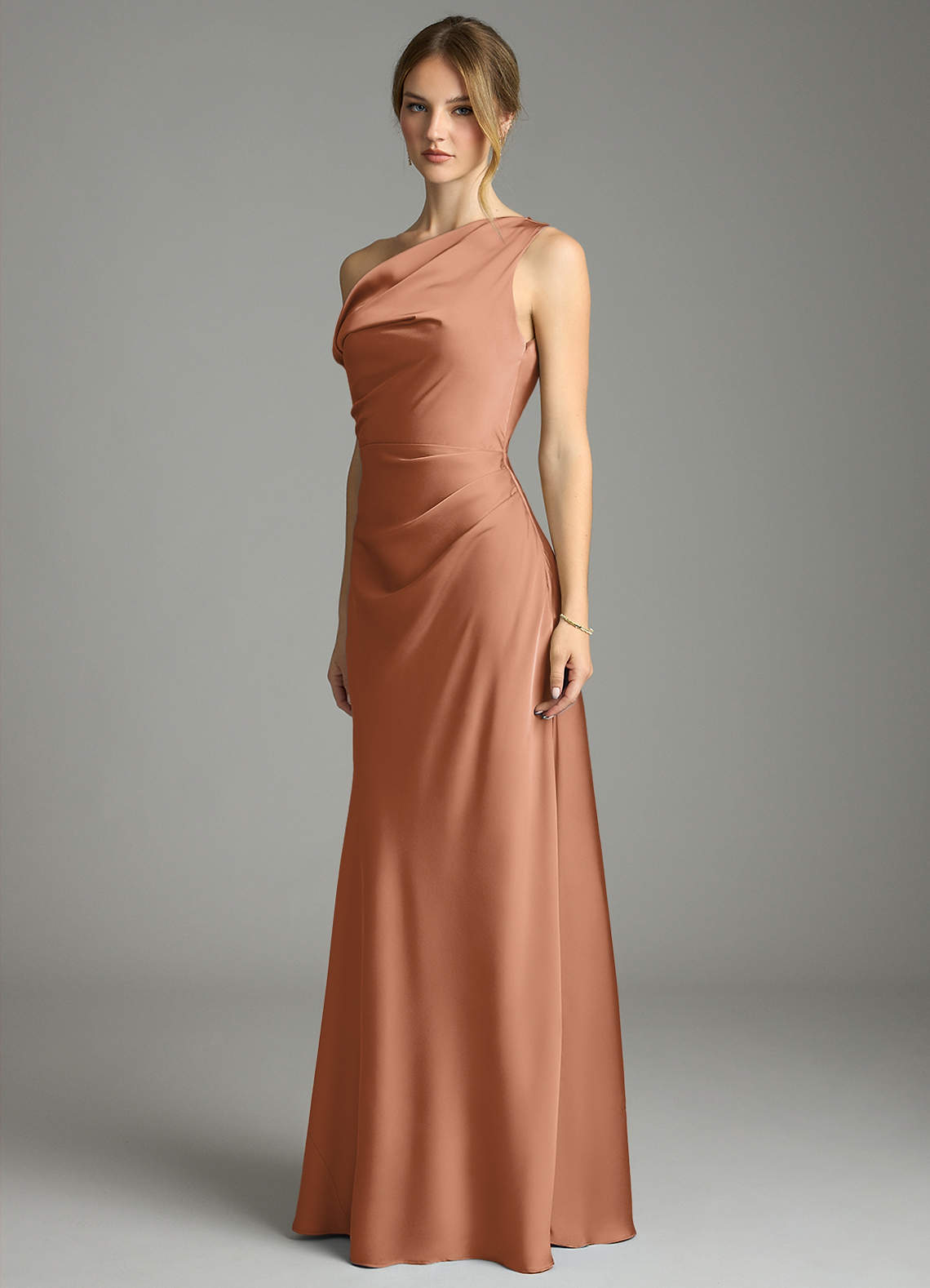 Emerson Mermaid One-Shoulder Stretch Satin Bridesmaid Dress in Bronzer