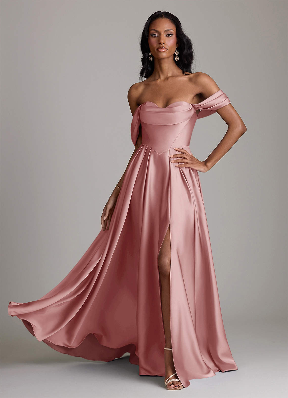 Loisa A-Line Off-the-Shoulder Stretch Satin Bridesmaid Dress in dusty rose