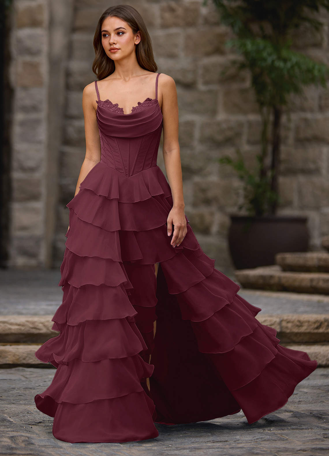 Floralace A-Line Ruffle Chiffon Evening Dress in Wine