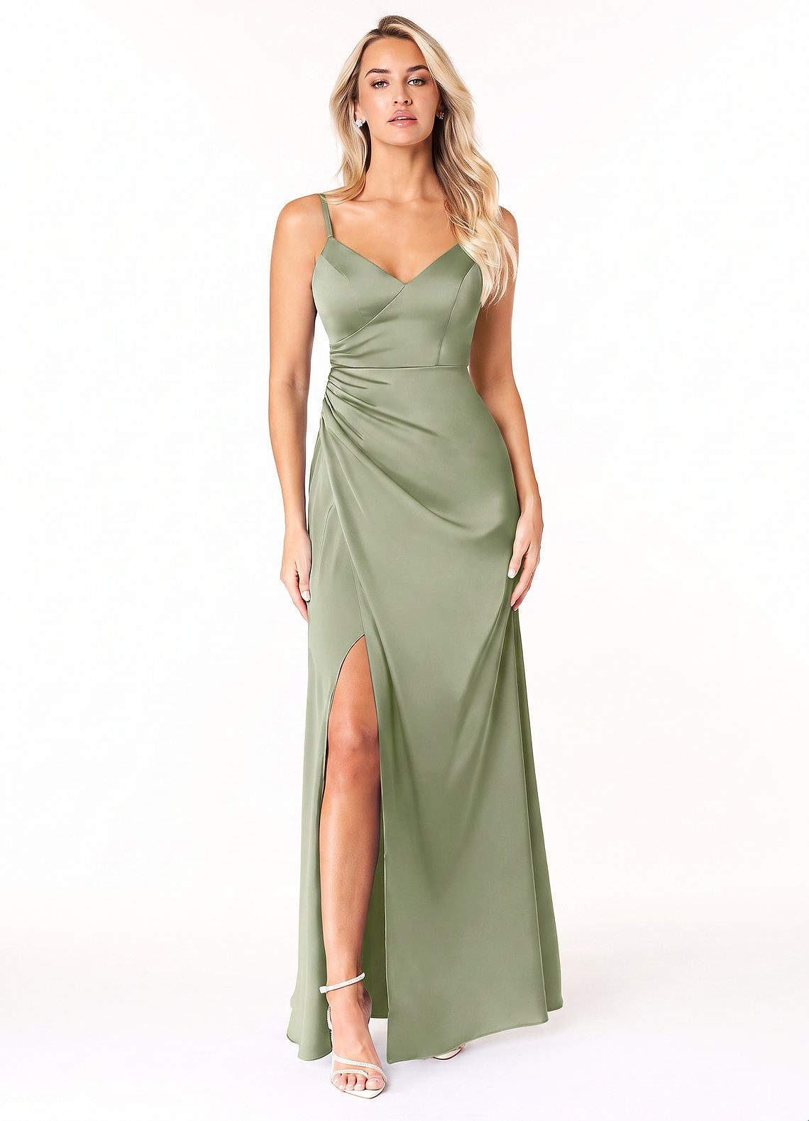 Marchella A-Line V-Neck Stretch Satin Bridesmaid Dress in Pistachio