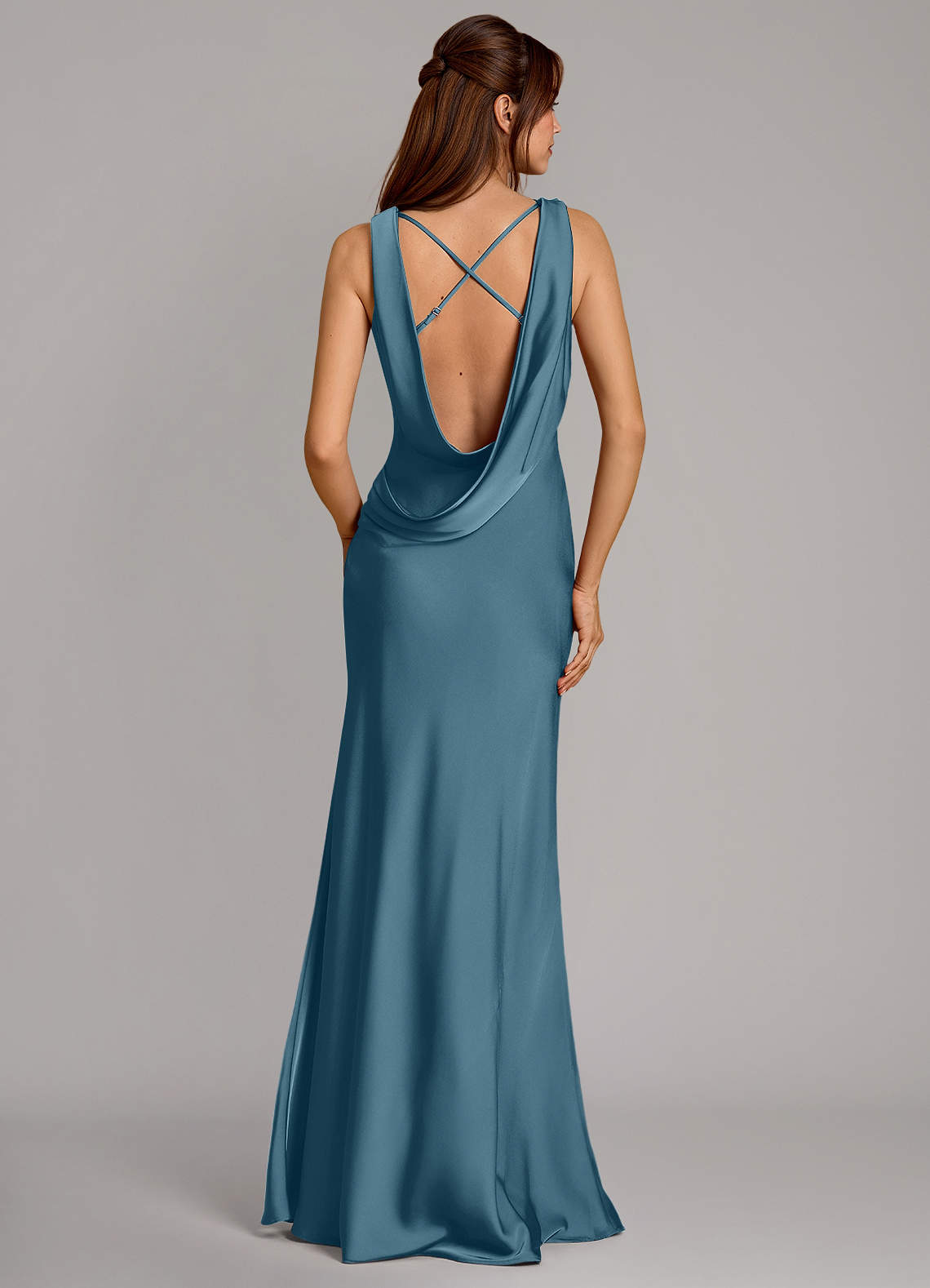 Cheryl Mermaid Cowl-Neck Stretch Satin Bridesmaid Dress in Bermuda