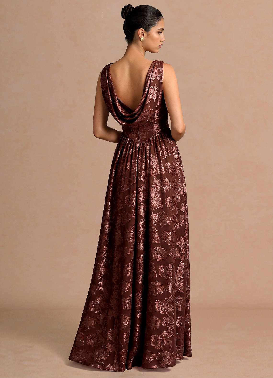 Novi A-Line Draped-Neck Floral Fil Coupé Evening Dress in Mocha Coco