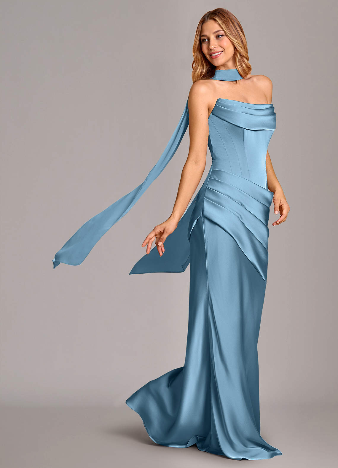Pelagia Mermaid Cowl-Neck Stretch Satin Bridesmaid Dress in Steel Blue