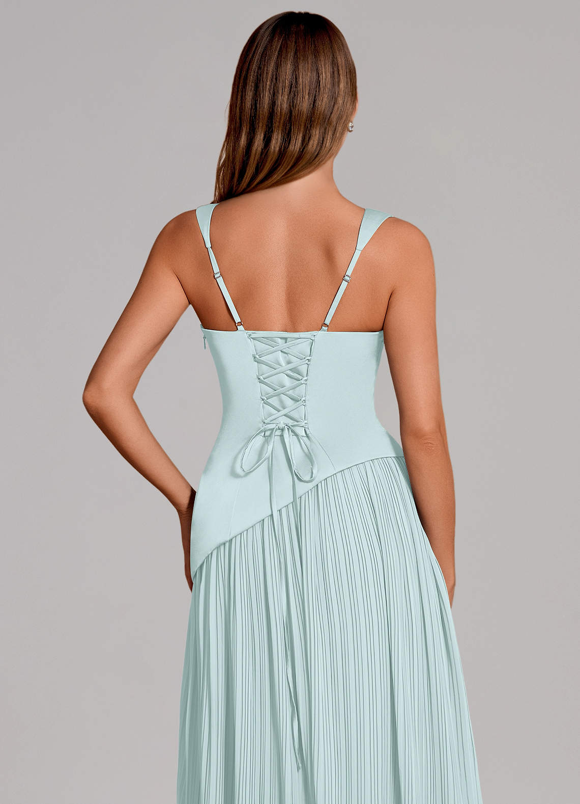 Stephanie A-Line Square-Neck Stretch Satin and Chiffon Bridesmaid Dress in Sea Glass
