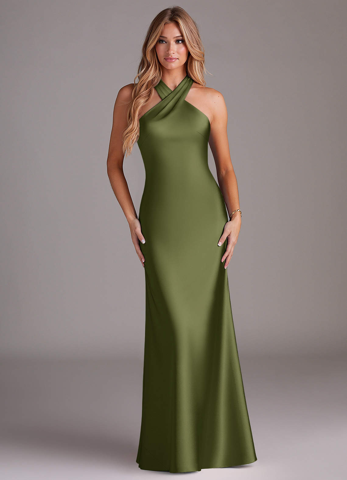 Doretta Mermaid Halter Stretch Satin Bridesmaid Dress in Olive