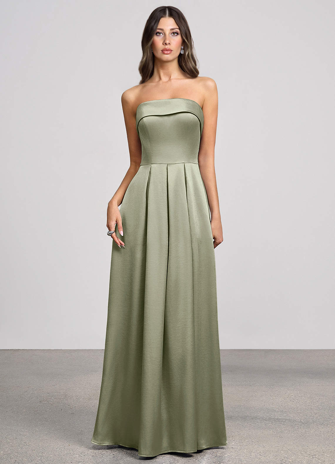 Isolde Strapless Folded-Neck Corset Luminous Satin Evening Dress in Dusty Sage