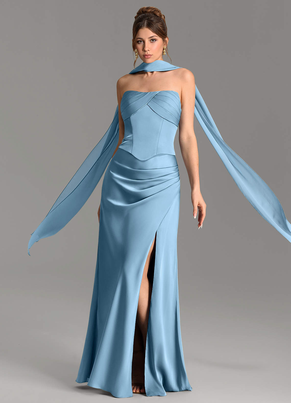 Nicki Sheath Scoop-Neck Stretch Satin Bridesmaid Dress in Steel Blue