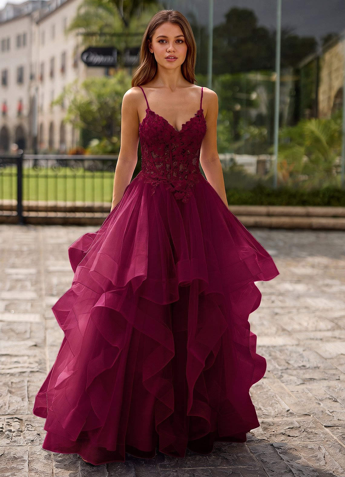 Spitze Ball Gown Sweetheart Lace Tulle Evening Dress in Burgundy