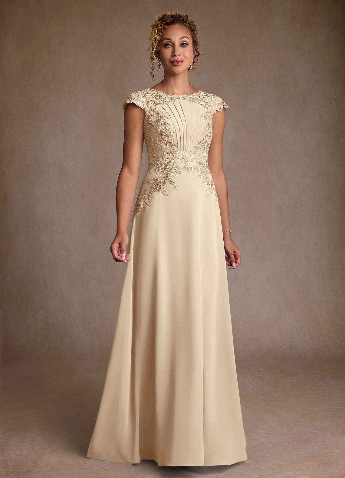 Christi A-Line Scoop-Neck Chiffon and Lace Mother of the Bride Dress in champagne
